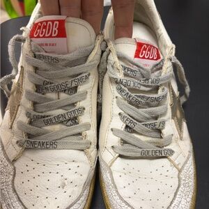 Golden Goose Off-White Canvas and Leather Low-Top Sneakers with Gold Trim